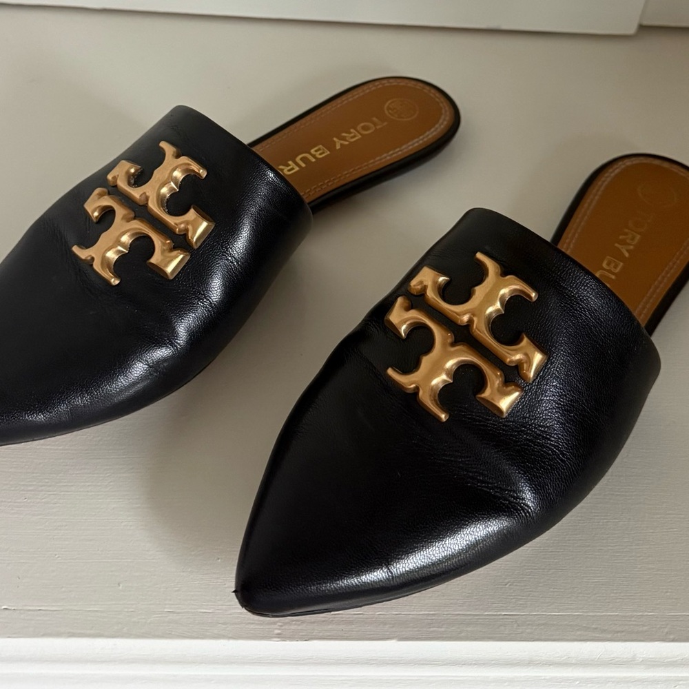 Tory Burch Black and Gold Mules with Pointed Toe